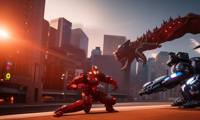 Mecha cops fighting a Kaiju in Denver