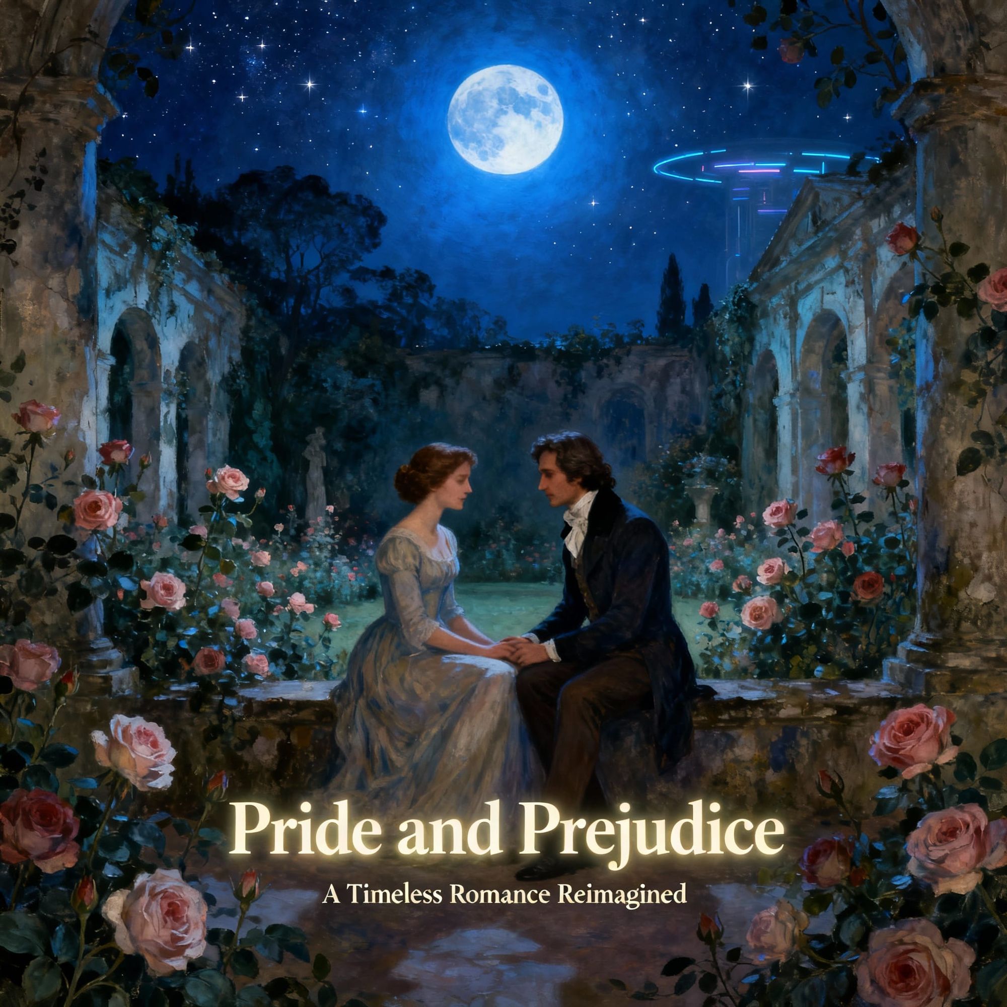 Reimagined movie poster for 'Pride and Prejudice': Elizabeth Bennet and Mr. Darcy share a quiet moment in a moonlit garden, surrounded by bl...