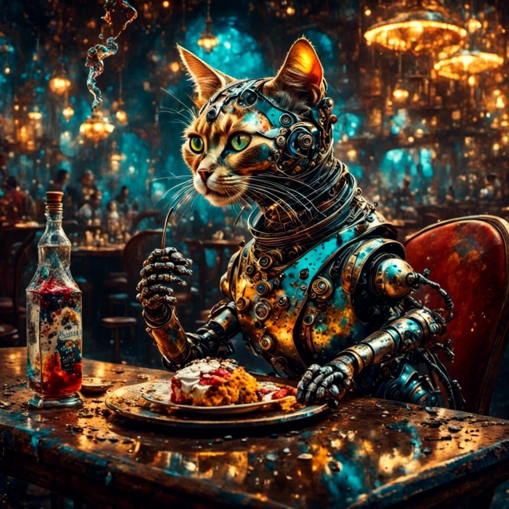Cyborg Cat Cafe Scene in Oil Painting Style