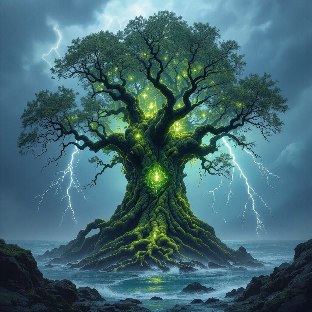 Mystical Ancient Tree on Stormy Island: Digital Art