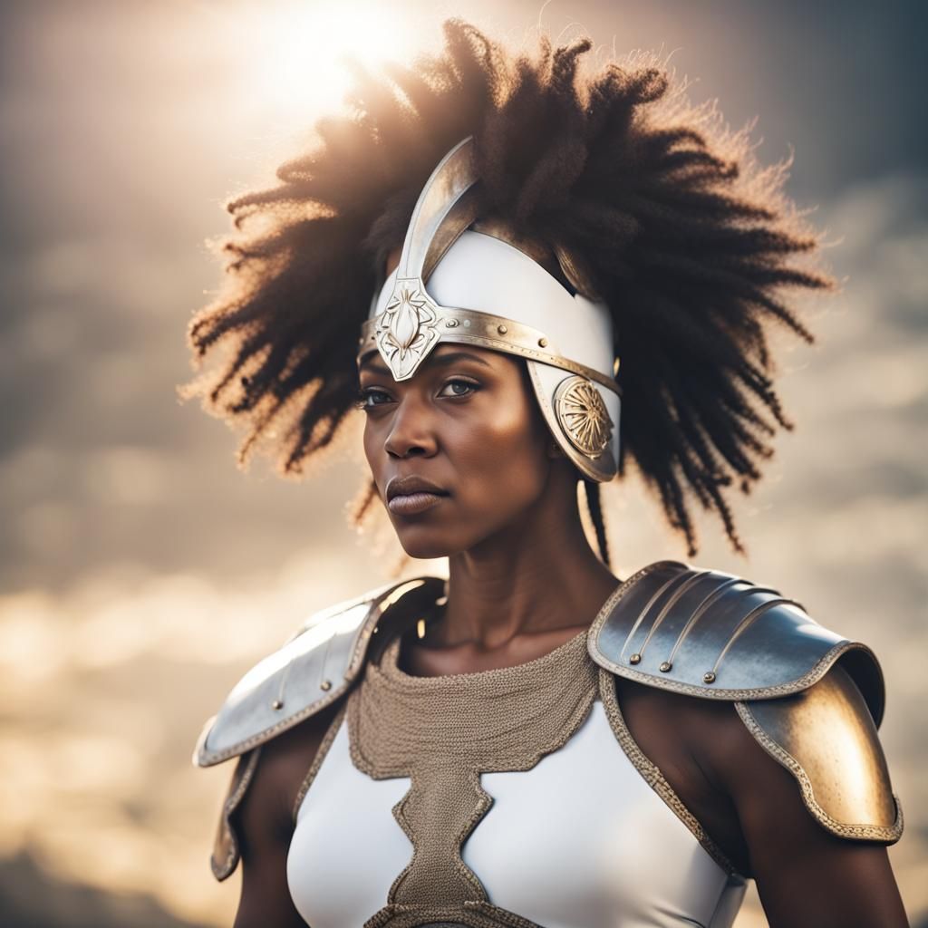 A black female warrior wearing a white gladiator costume and...