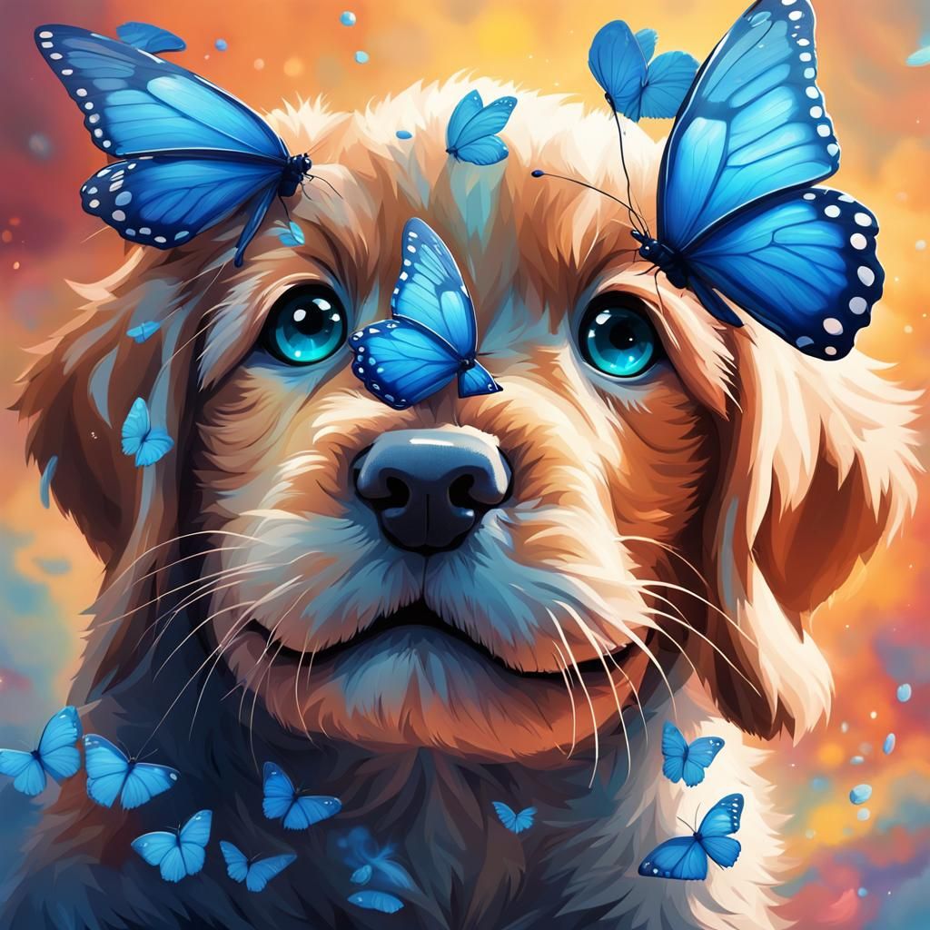 Blue butterfly sitting on nose of an adorable puppy