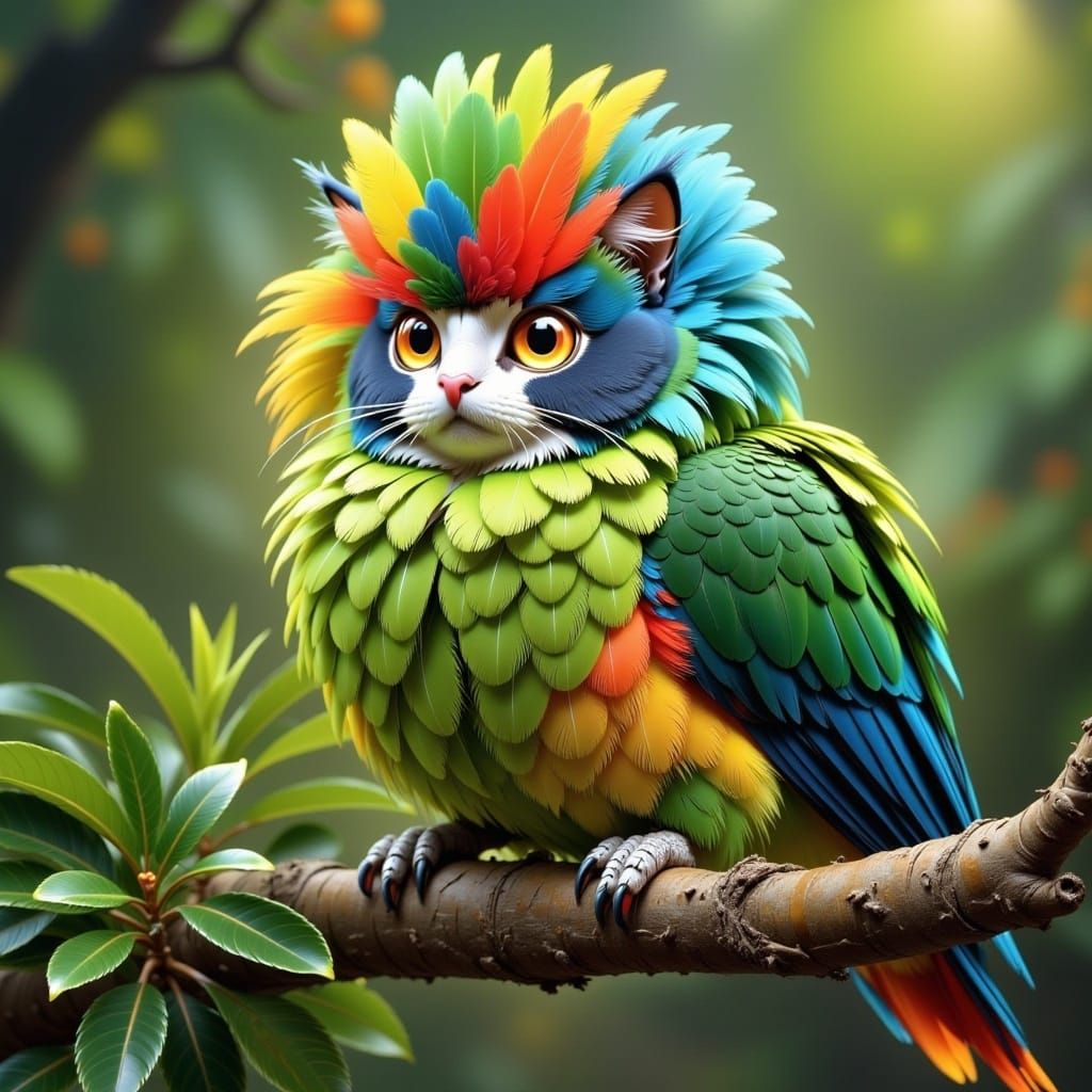 <lora:Flux Cat Parrot:1.0> Cat parrot hybrid, sitting on a branch