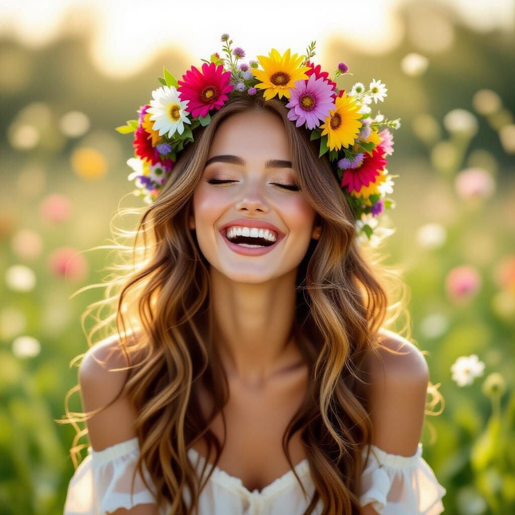 Joyful Woman in Wildflower Crown Laughing in Golden Light