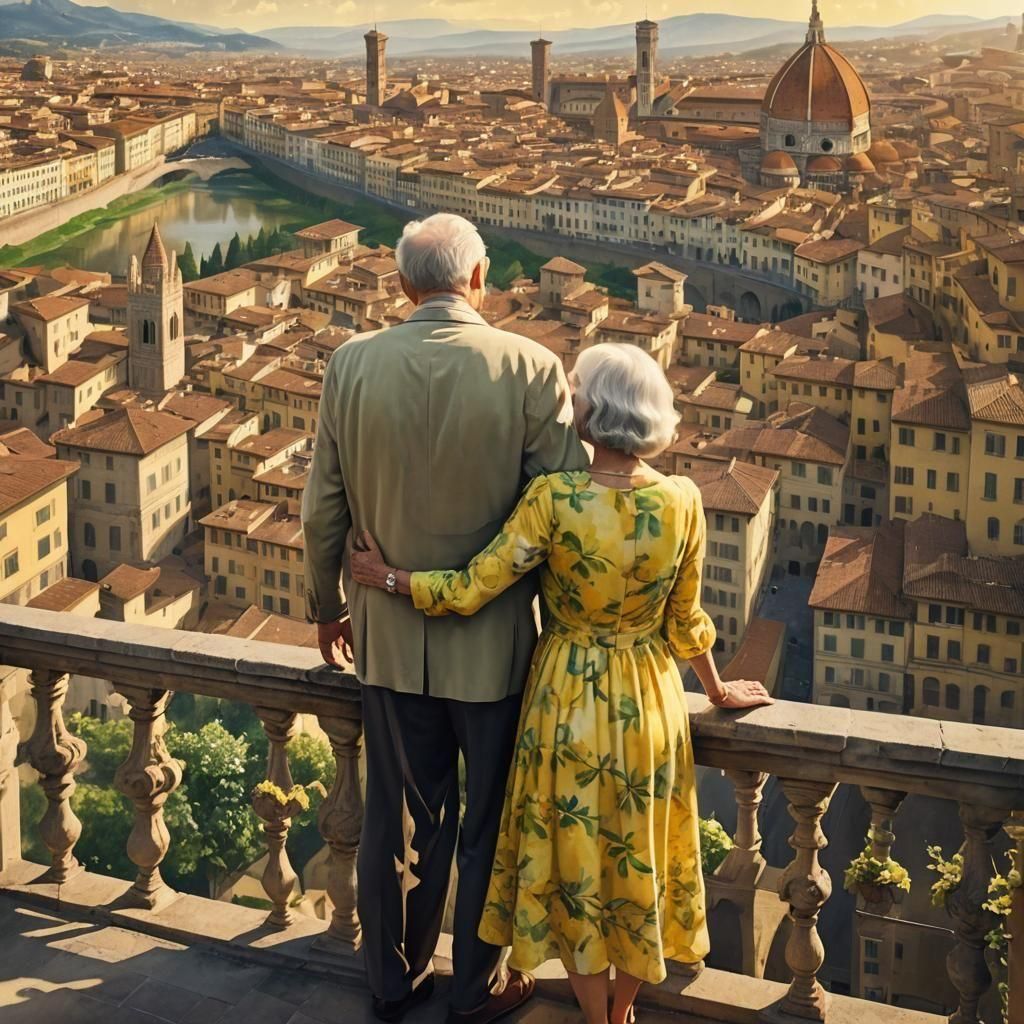 A pretty elderly woman stands with her elderly husband looking over Florence. The man is holding her close to him. She is holding a handrail...