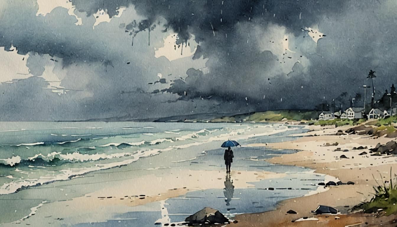 A rainy day at the beach cold colors concept art watercolor  by @Gorank