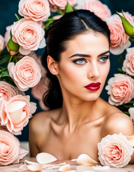 A Stunning Black Haired Woman Surrounded By Pink Roses Whilst Bathing