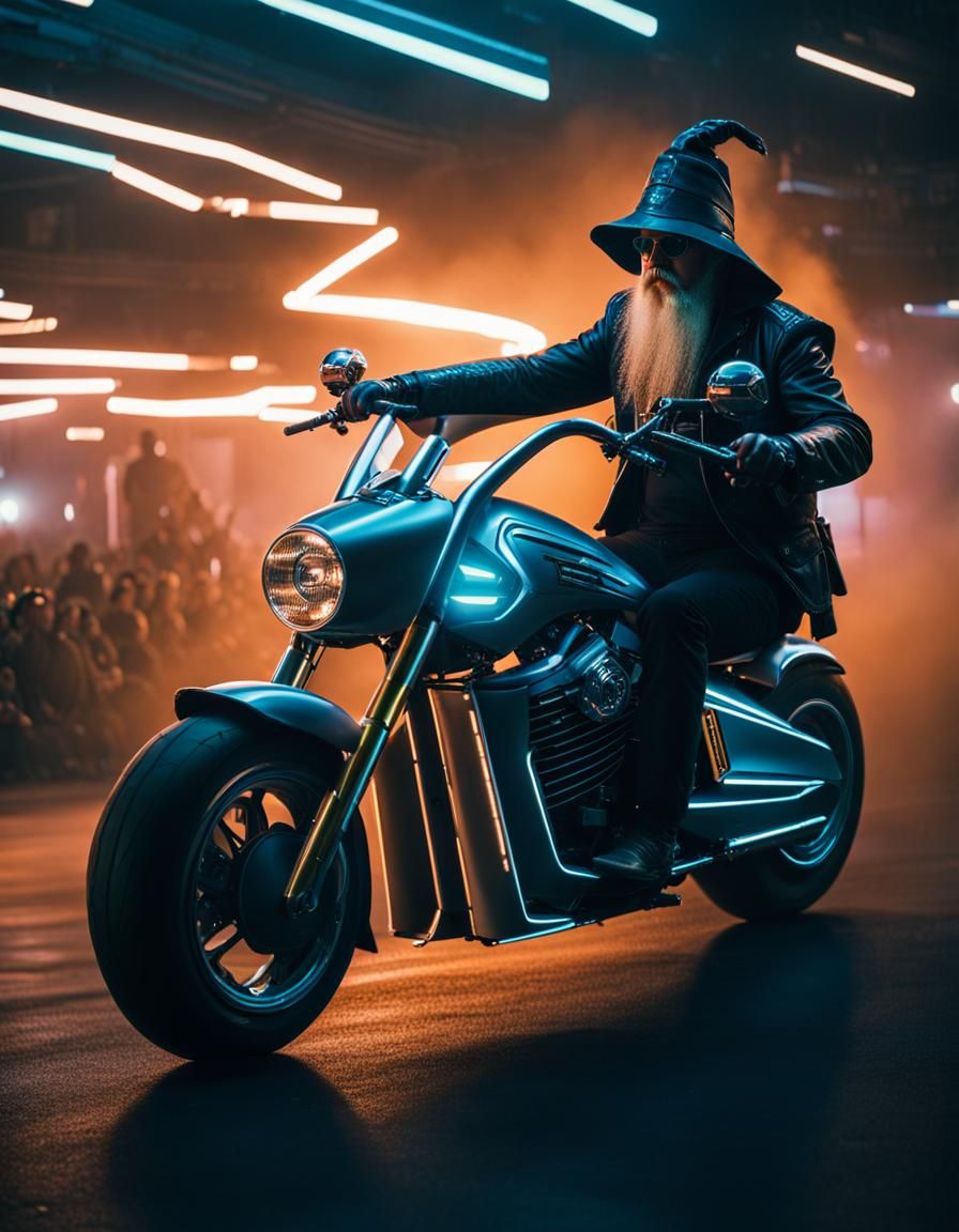 A wizard riding a futuristic motorcycle.