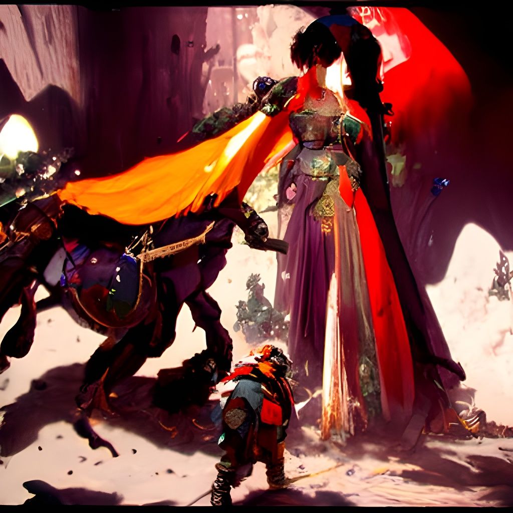 A princess with dark green hair in an orange dress being res...