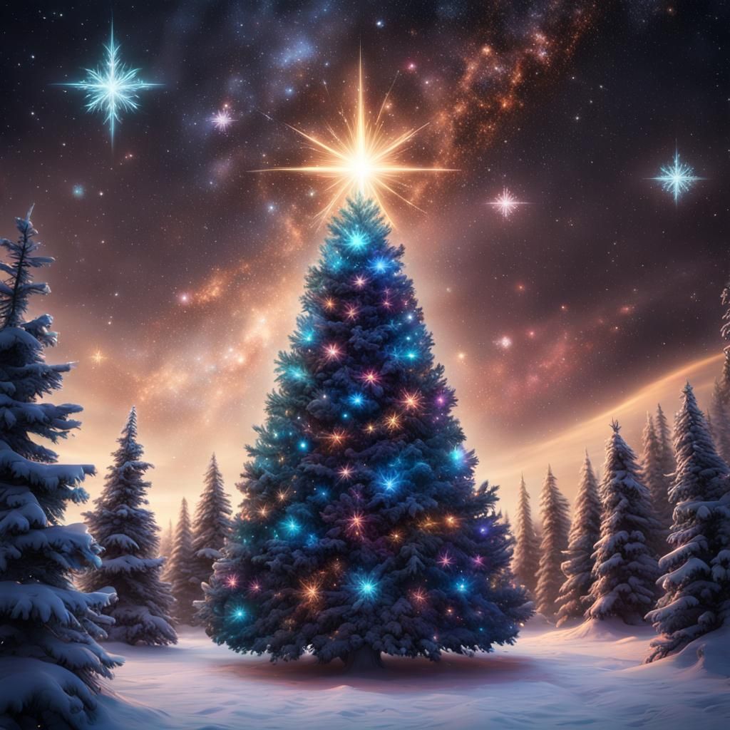 A christmas tree made of other christmas trees with stars and galaxies ...