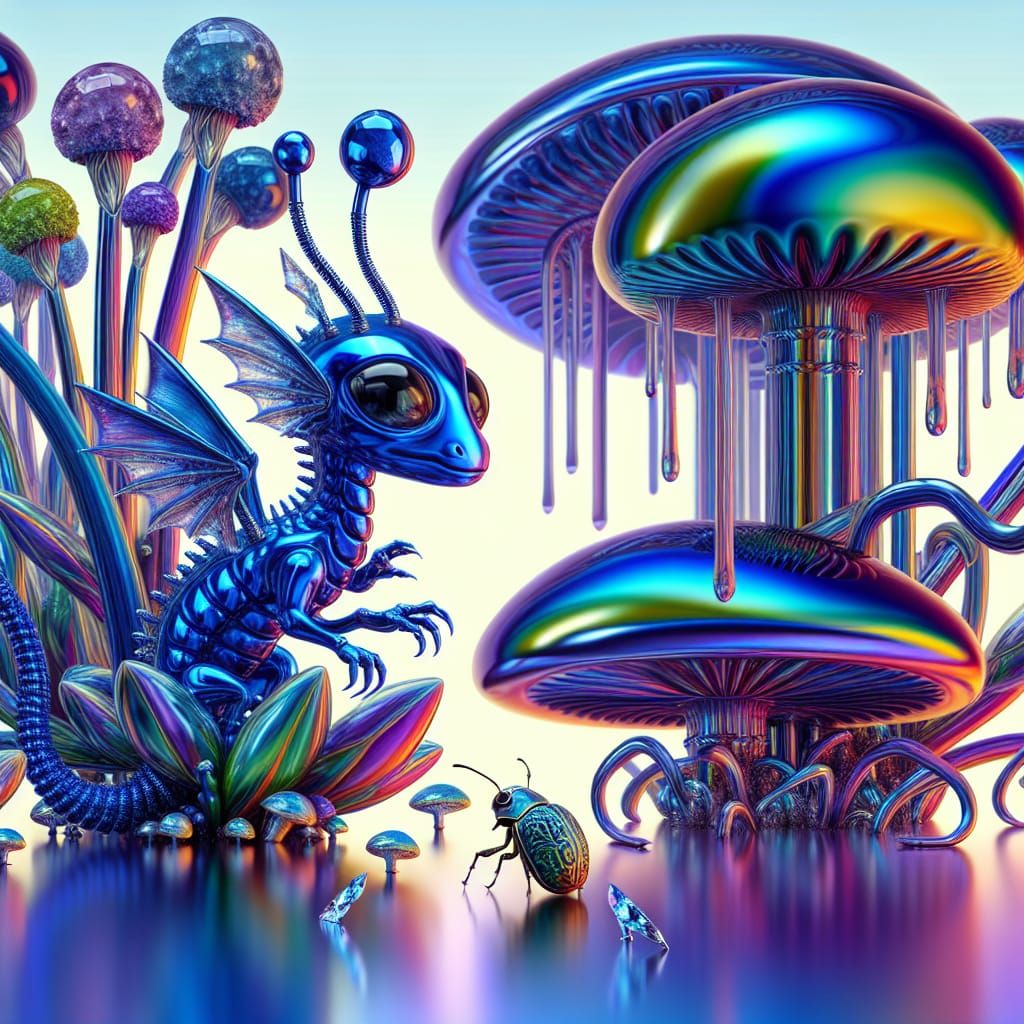 Surreal alien dragon with eggs and mushrooms