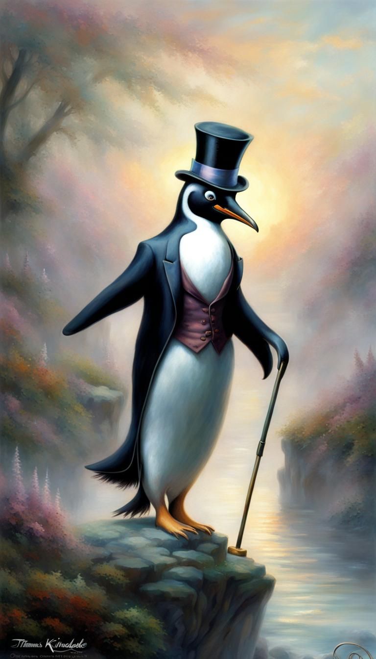 penguin with a top hat and cane ethereal fantasy hyperdetail...