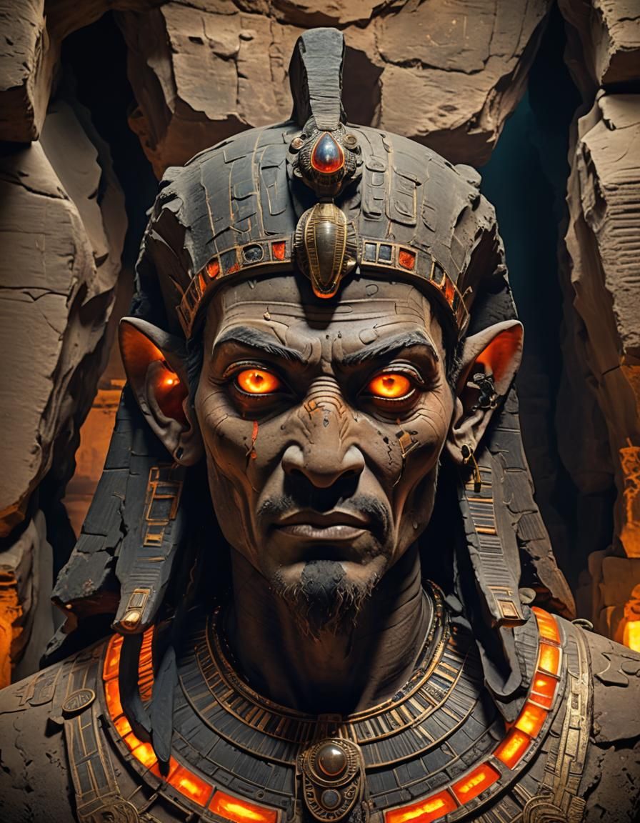 scenic picture of a cave god, wide face, evil look, orange g...