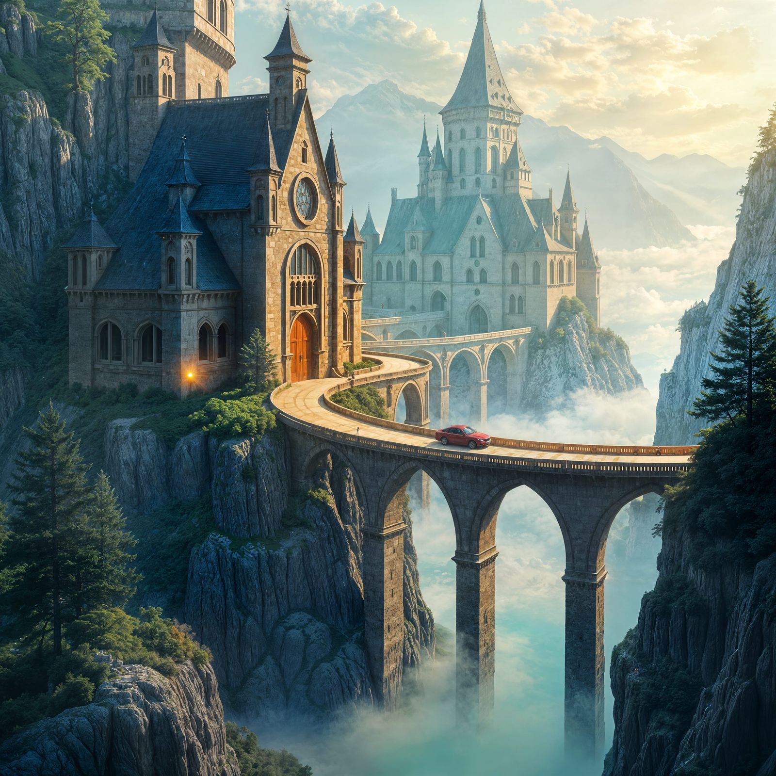 Imagine a castle on a mountain. Looking out of the window of the mountain are floating bridges that shine ...  by @Ciarra