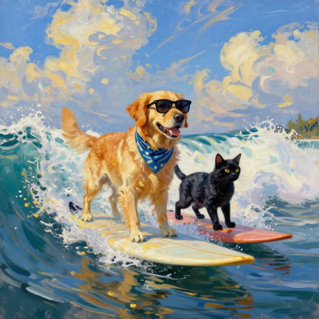 Dog and Cat Surfing in Vibrant Oil Painting Style