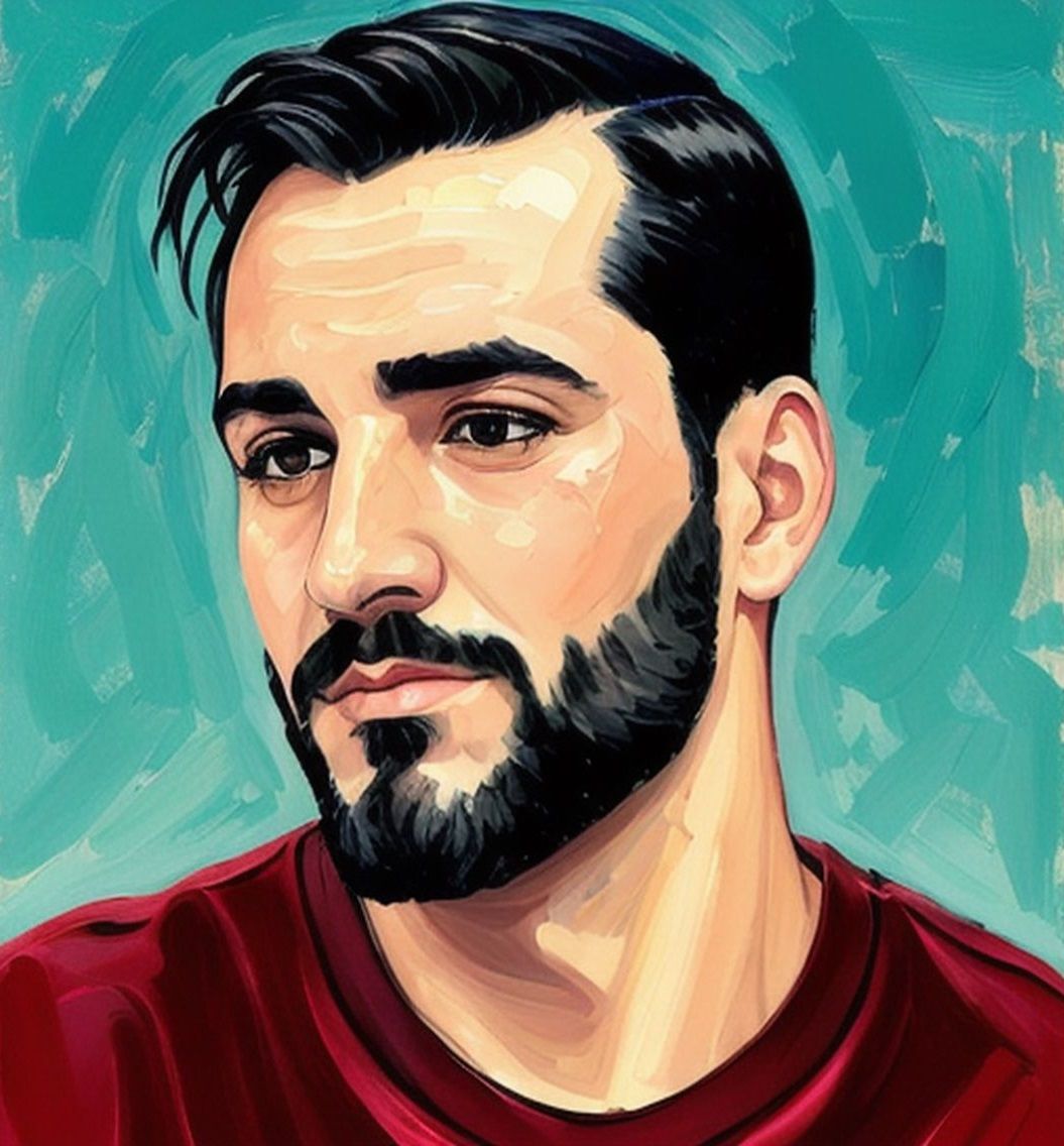 A bearded man wearing red velvours T-shirt