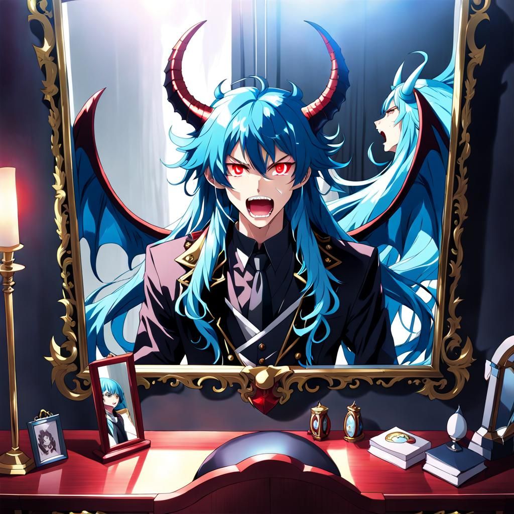 A long blue haired man with long fangs and red eyes half ang...