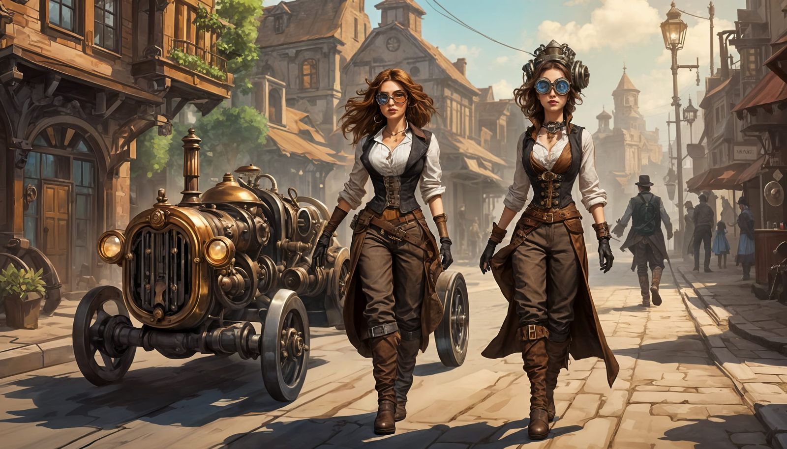 2 women with goggles in steampunk fashion walking down the s...