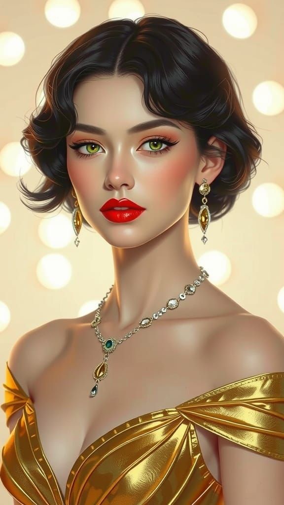 Seductive Woman in Golden Dress with Soft Gaze