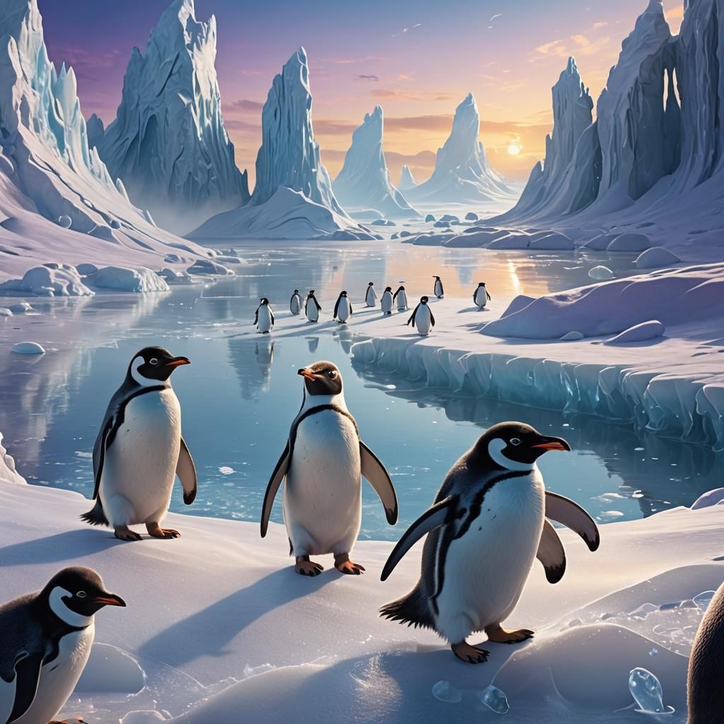 Cute Penguins in Dreamy Blue Icy Landscape