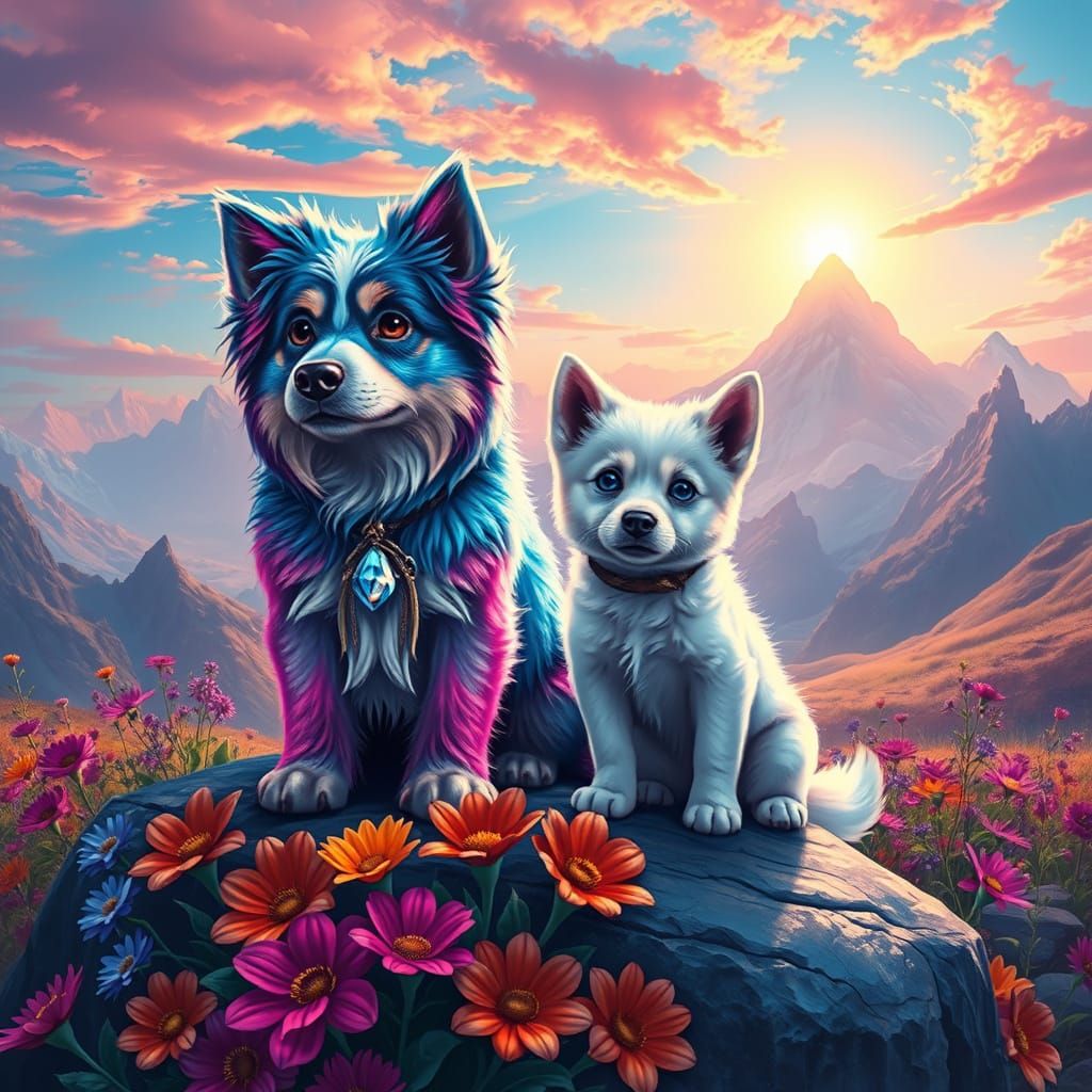 Magical Dogs in Dreamlike Fantasy Landscape