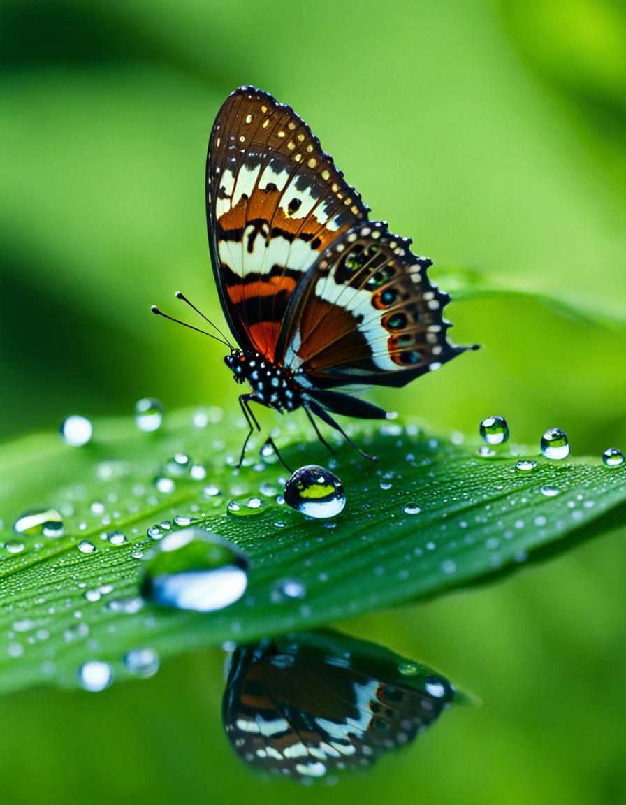 Closeup macro of a (butterfly reflected:1.2) in a (dewdrop:1...