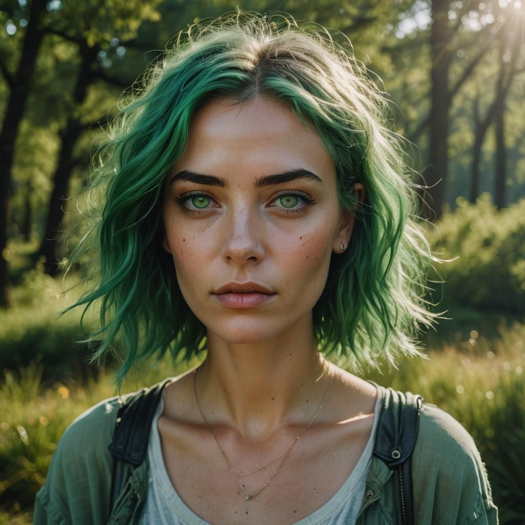 The sun smiles at the cute girl with green hair and green ey...