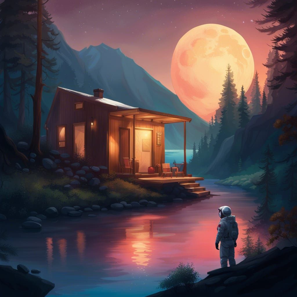 On the giant moon there is Heavily wooded mountain side with...