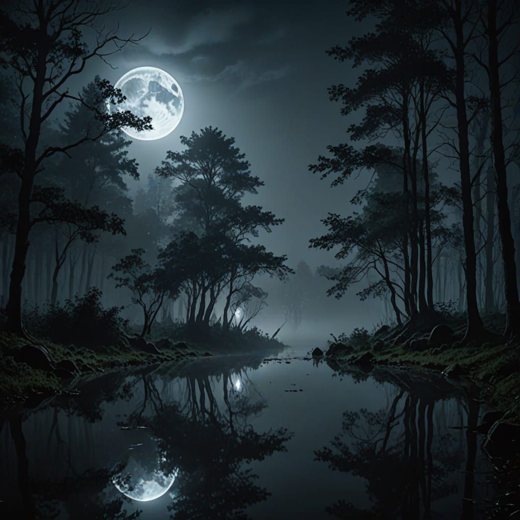 A heavy mist forest at night. Mesmerizing realistic,full moon reflection's, cinematic lighting, eerie 