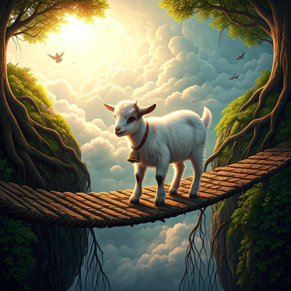 Whimsical Goat Navigates Cloudy Rope Bridge Between Floating...