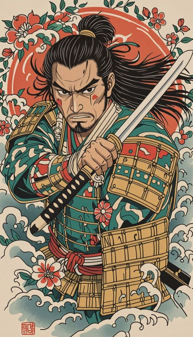 Recrear la imagen del samurai con el estilo de tatuaje neo tradicional japones 
Teniendo dos brazos a la vista sosteniendo la katana, con la...