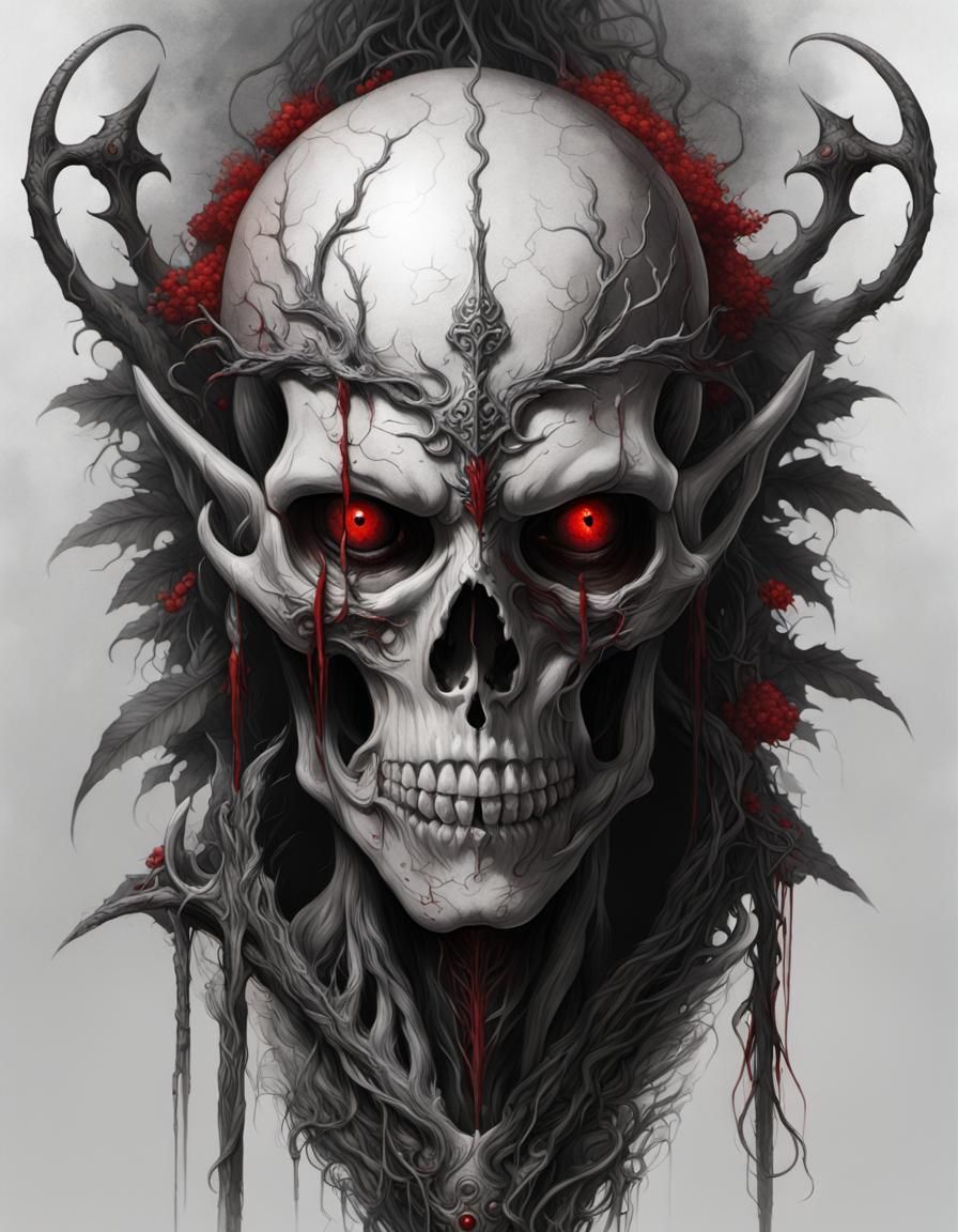 a black and white drawing of a skull with red eyes, tomasz a...
