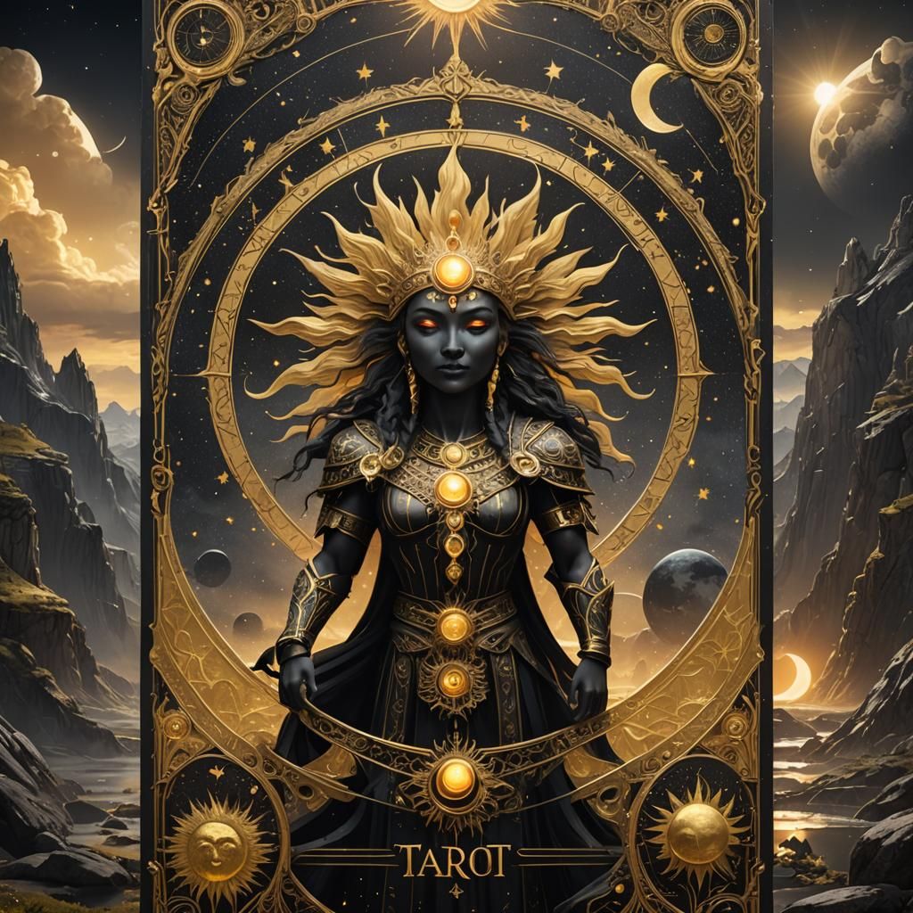 tarot card that is a combination of the sun and moon cards in black and gold  by @Gramma_to_2