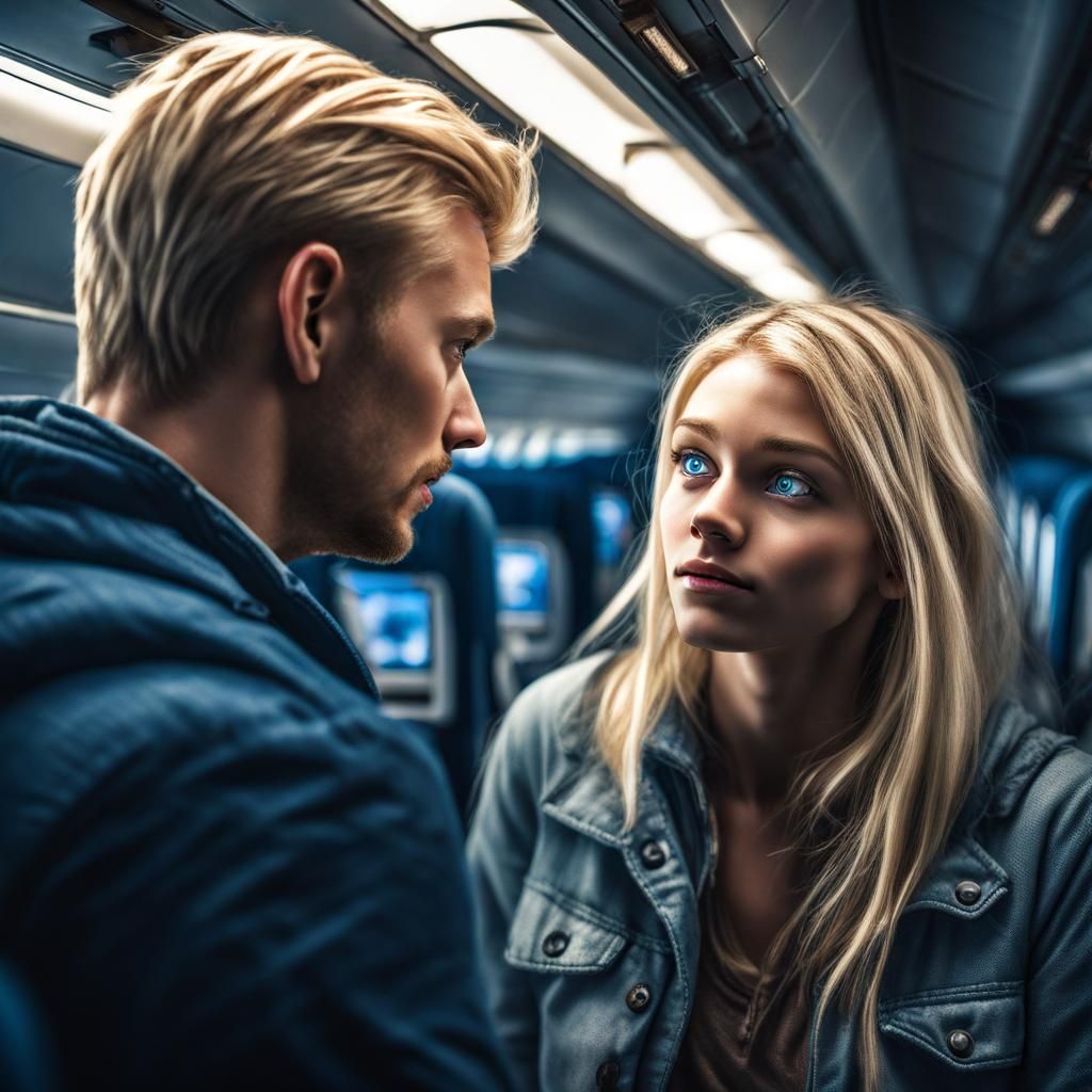 A blonde guy talking to a girl with blue eyes in airplane - AI Generated  Artwork - NightCafe Creator