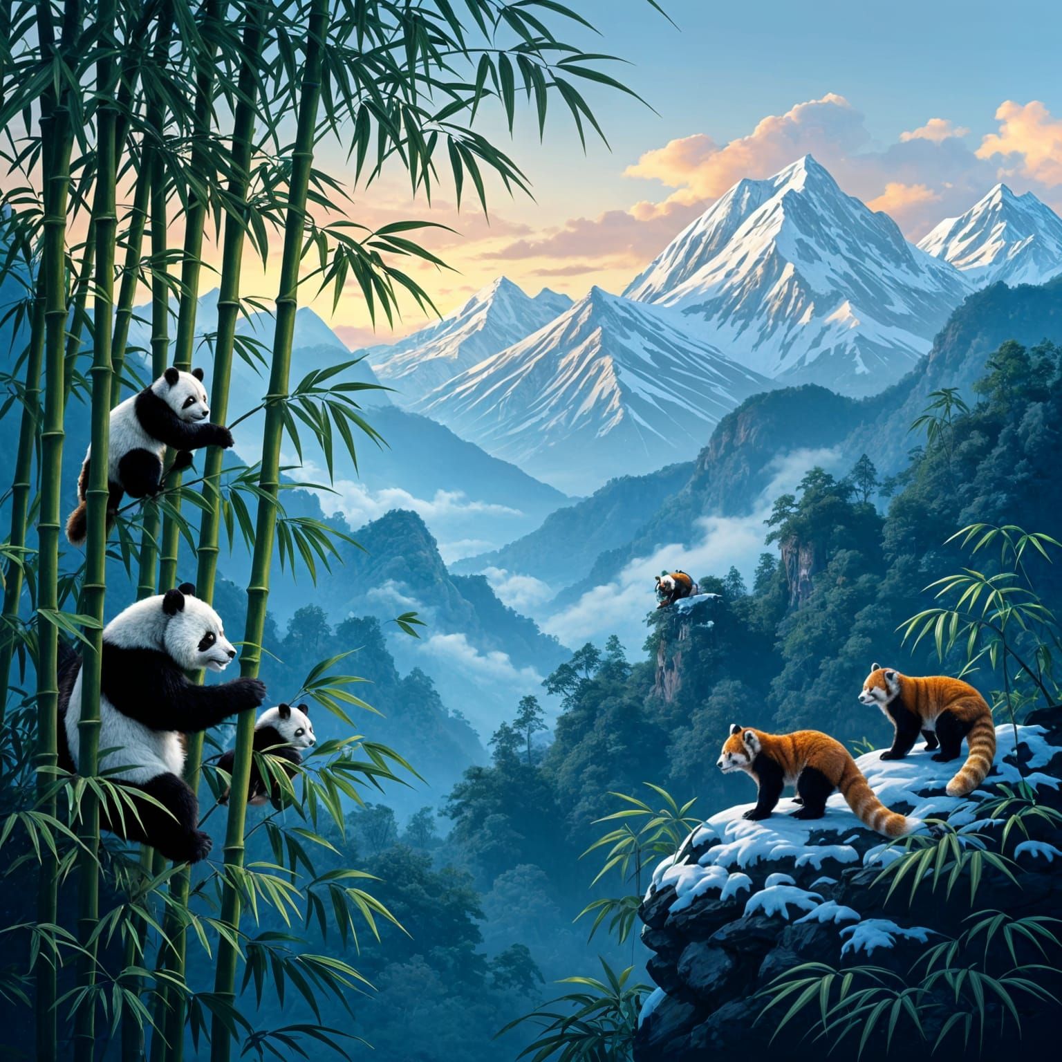 A beautiful scope of a bamboo forest then a jungle then snow caped mountains and pandas climbing bamboo and red pandas up in trees and snow ...