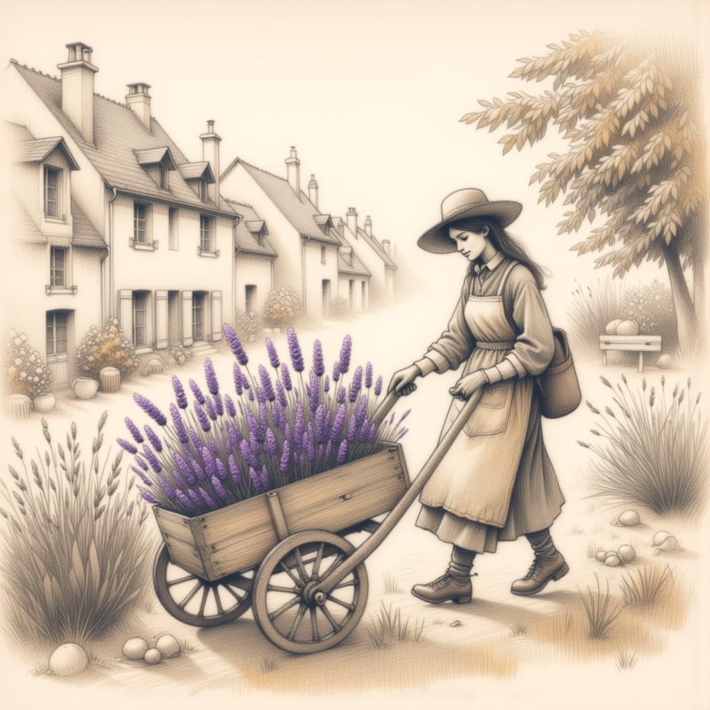 <lora:province:1.0> on a flat drawn background of an provincial town a gardener carries lavender in a cart. Pencil drawing with multiple out...
