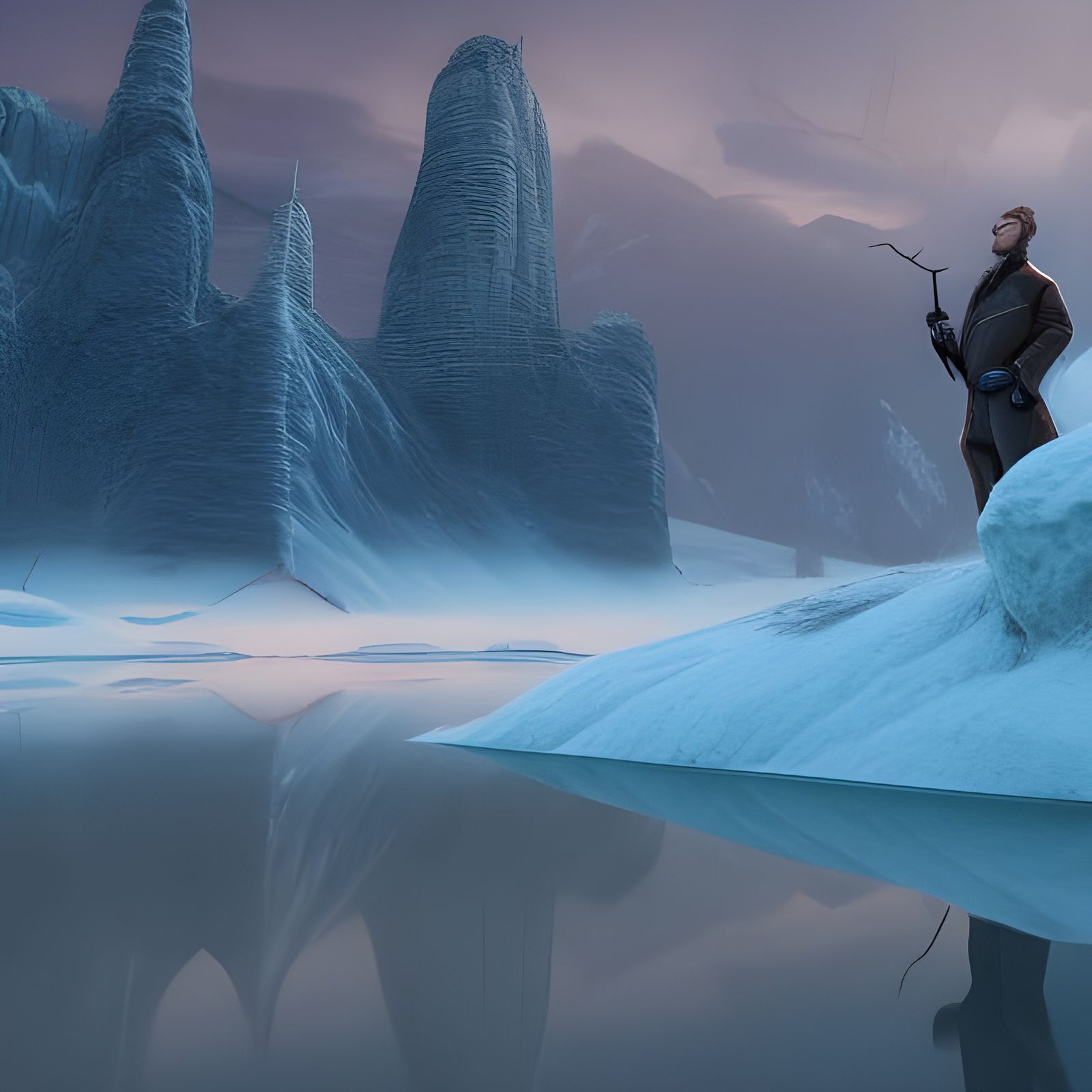 Reflection of a man on a frozen lake