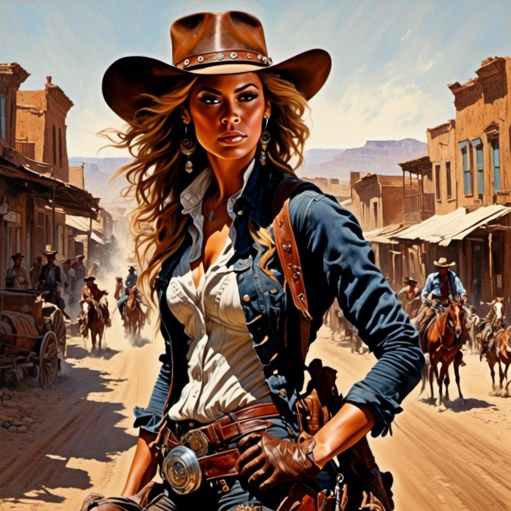 Head and shoulders portrait of gunfighter Beyonce on a dusty...