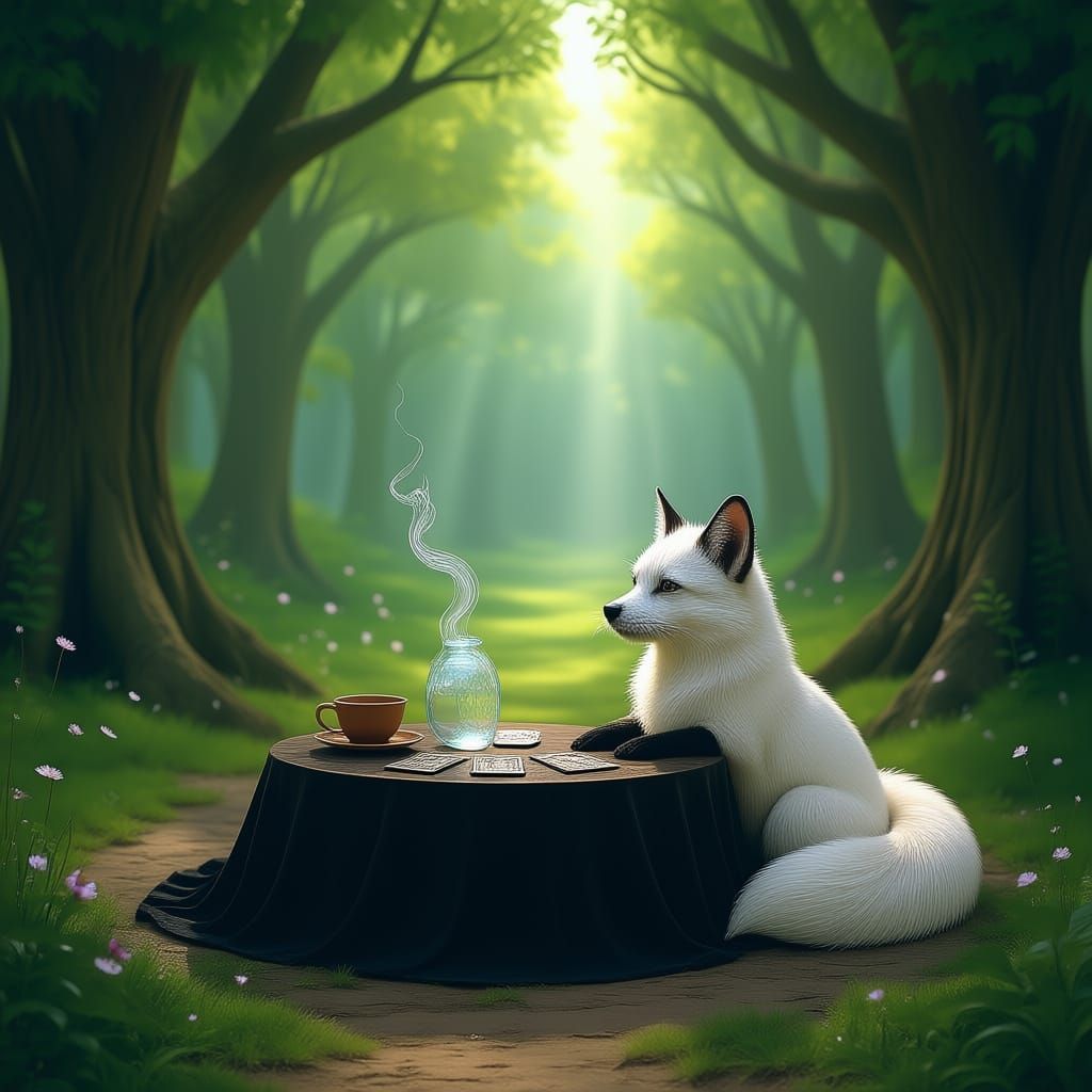 A serene, sun-dappled forest clearing where ancient trees form natural archways over a hidden glade. A small, rustic wooden table is set wit...