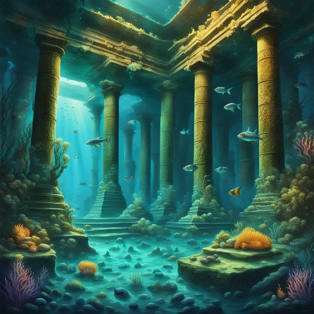 A magnificent image of a sunken ancient city on the ocean fl...