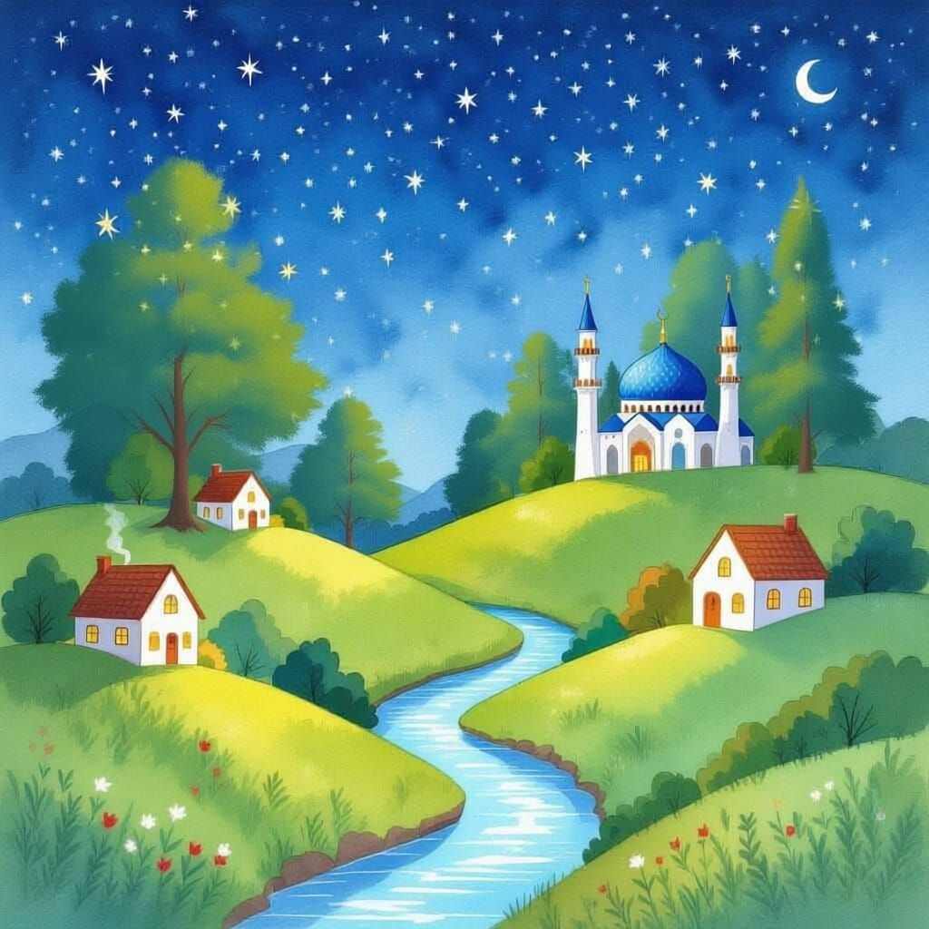 Watercolor sketch for kids. Image size tall. Bright starry night (fantasy), a green hilly land with  trees and a narrow blue stream of clear water curvi...