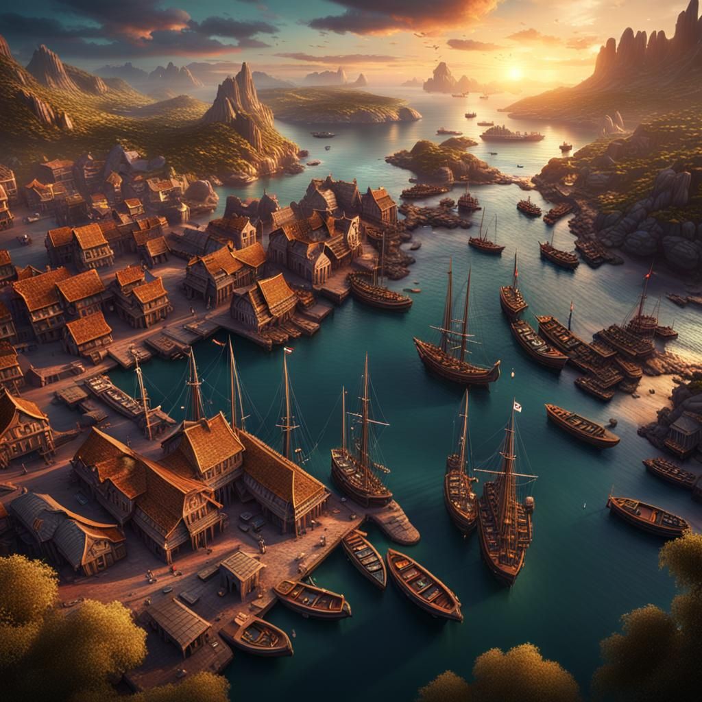 Drone view of a fantasy harbour full of boats. Beautiful lan...