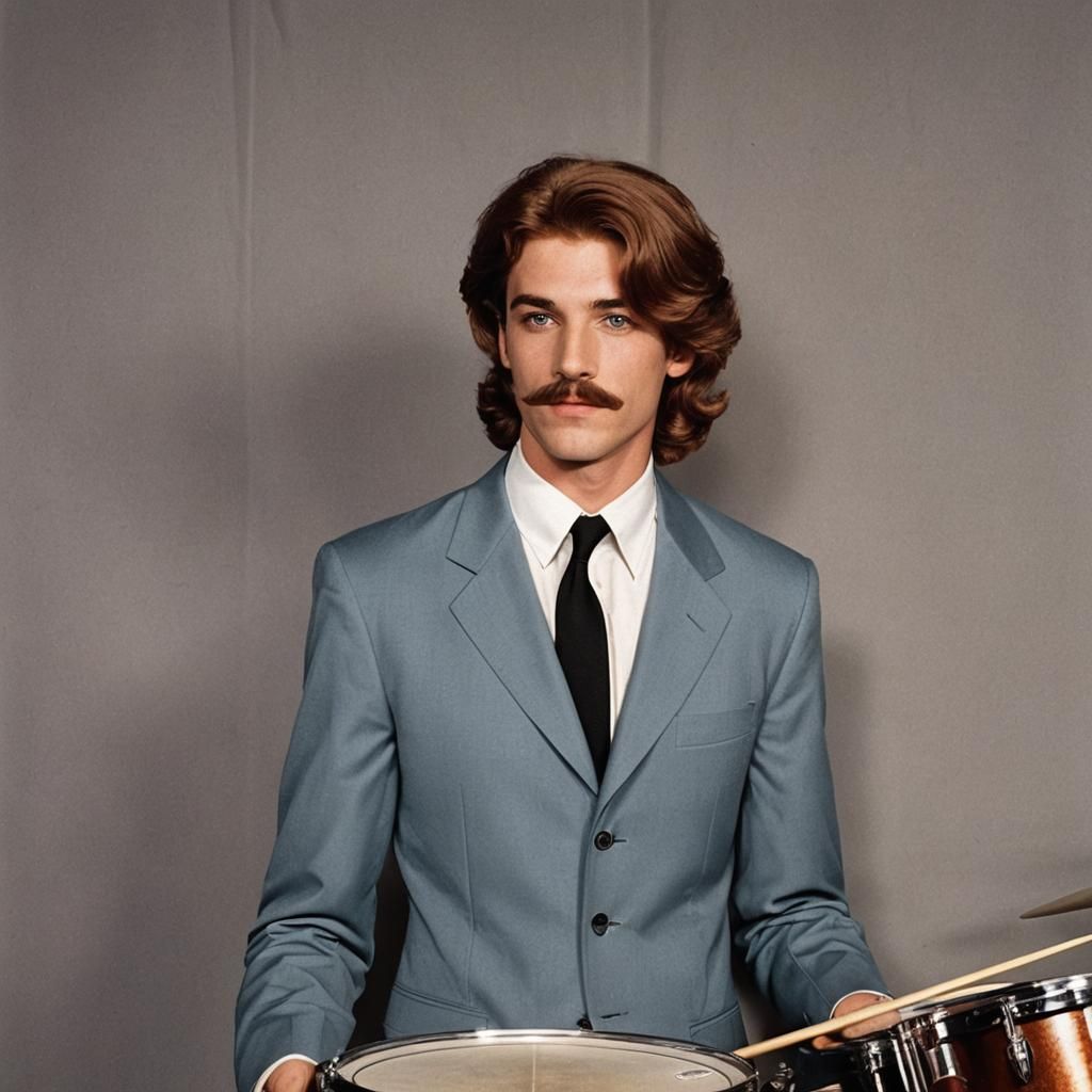 Add to this photo a young male drummer 20 years old if aubur...