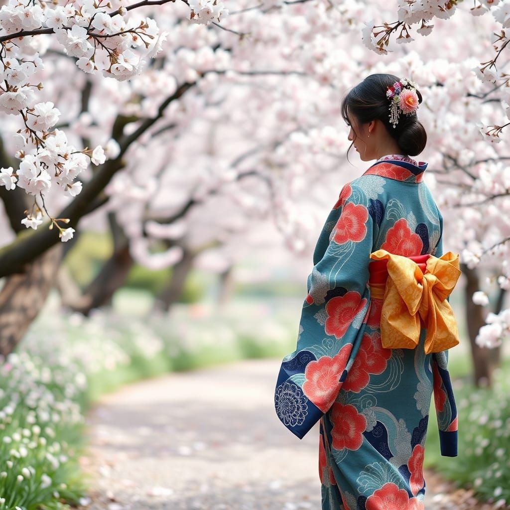 Japanese Woman in Kimono in Cherry Blossom Garden