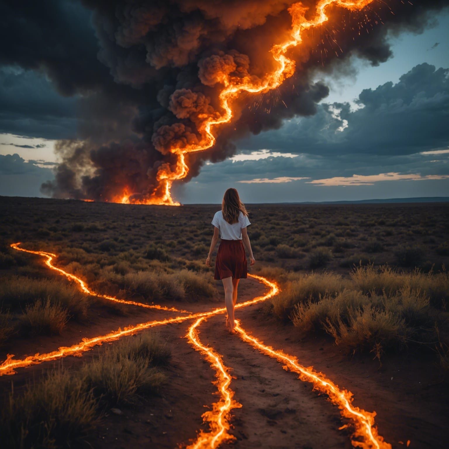 A girl walks barefoot along a fiery path in the sky