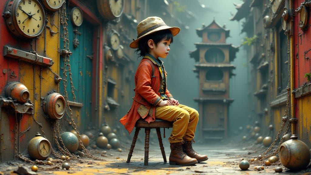 A child dressed in intricate, steampunk-inspired attire sits on a small, wobbly three-legged stool, surrounded by walls and a floor made of ...