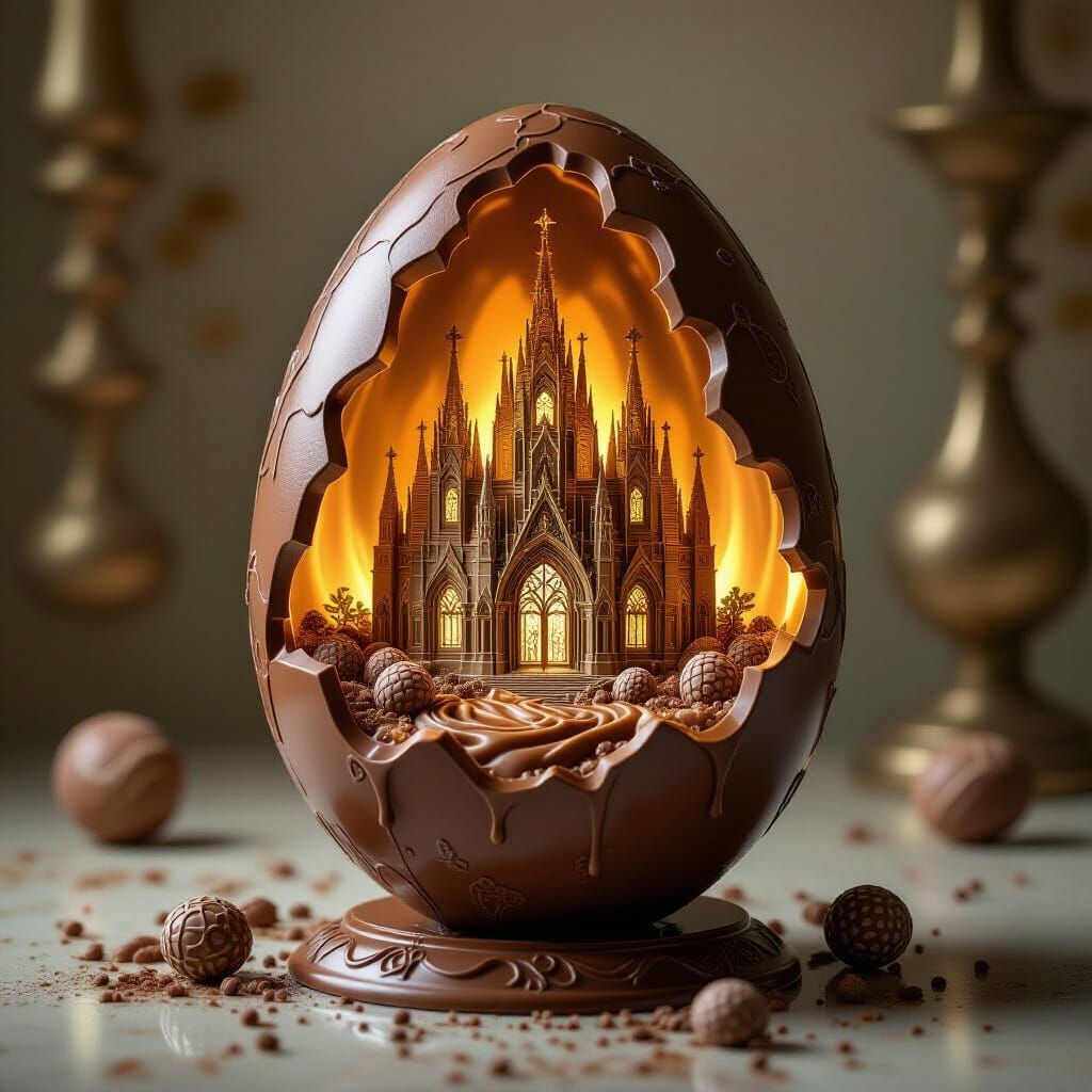 A hollow Easter egg cathedral splitting open to reveal a tree of living truffles, formed from bioluminescent ...  by @morr5750
