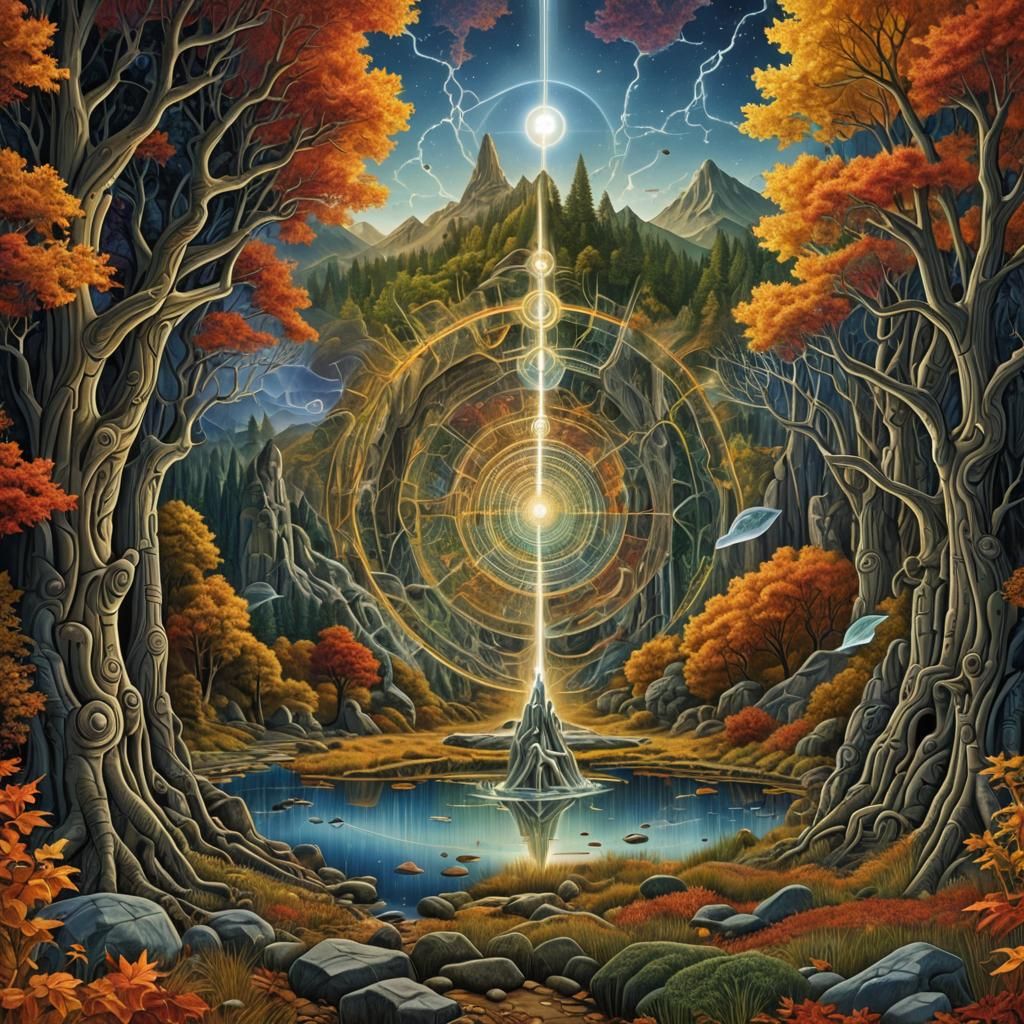 Rotoscoped Alex Grey style valley of the ancient ones , pond...