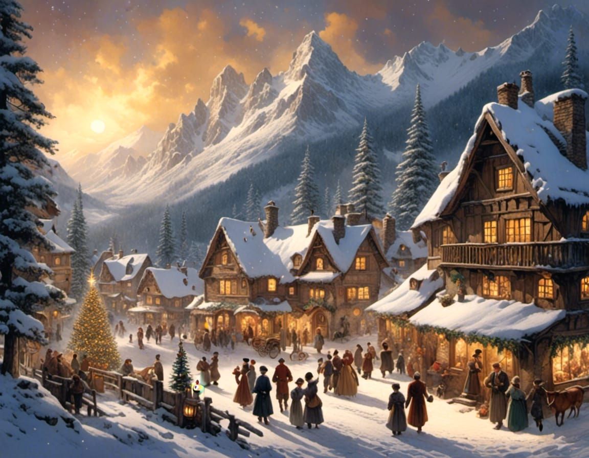  A middle-ages village high in the snow covered mountains where everyone is celebrating an old fashioned Christmas.
