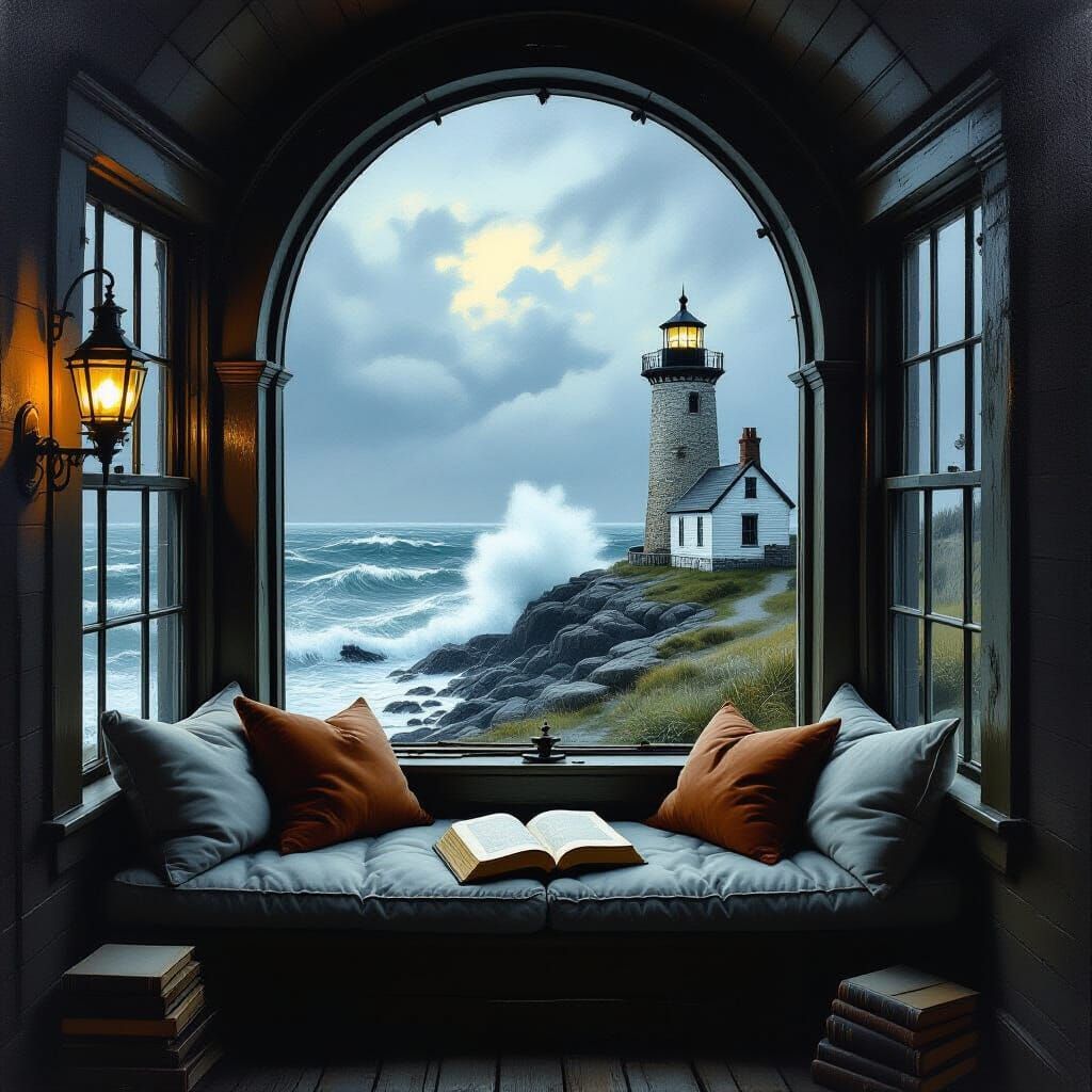 An abandoned lighthouse keeper's cottage, now repurposed as a serene reading sanctuary. A large, arched ...  by @Marv